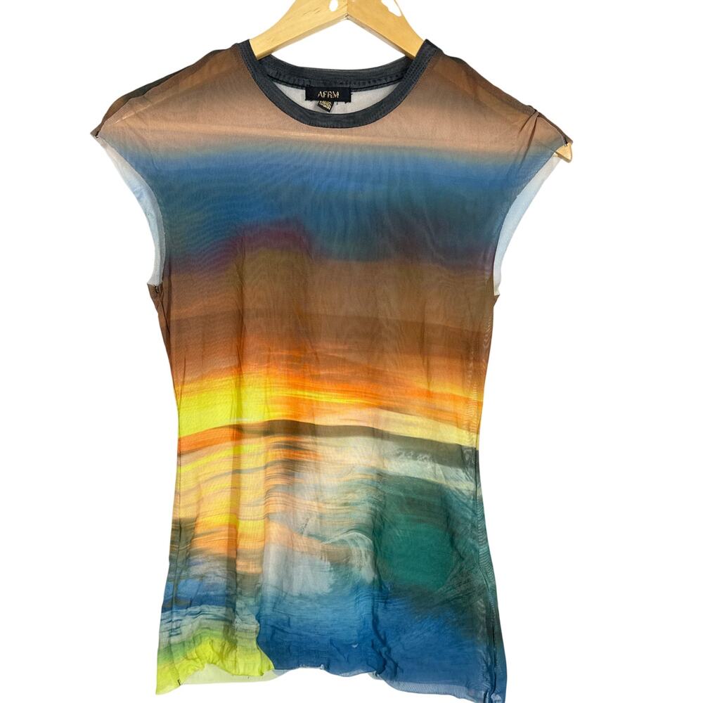 AFRM Nina Top Printed Sheer Mesh Cap Sleeve Crew Neck Ocean Ombre XS - Picture 4 of 12